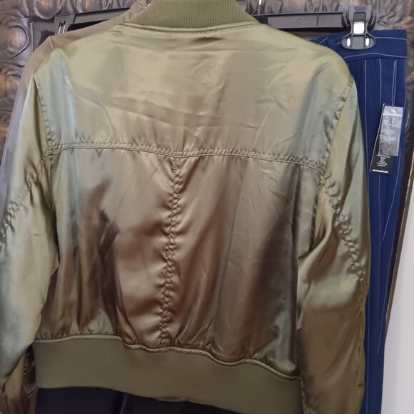 Women's Deep Green Satin Bomber Jacket - Picture 4 of 5